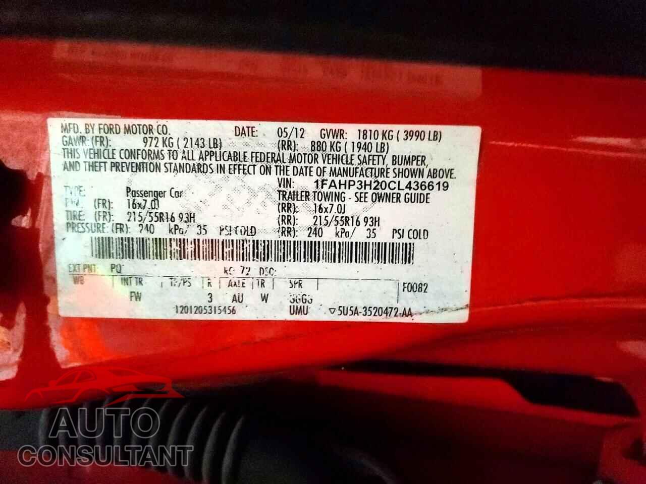 FORD FOCUS 2012 - 1FAHP3H20CL436619