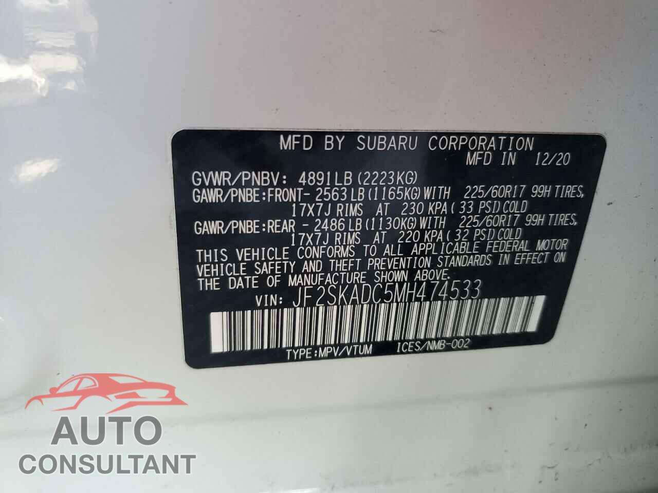 SUBARU FORESTER 2021 - JF2SKADC5MH474533