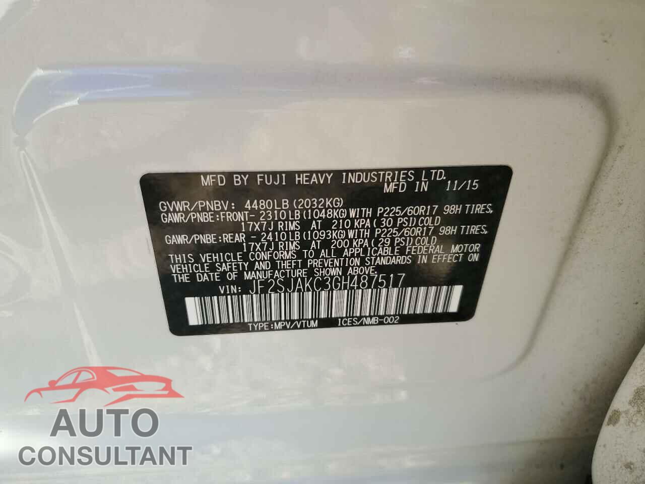 SUBARU FORESTER 2016 - JF2SJAKC3GH487517