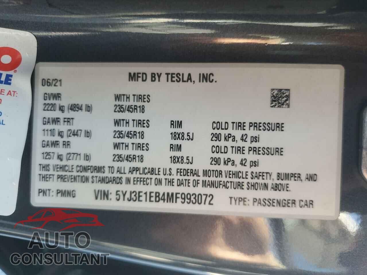 TESLA MODEL 3 2021 - 5YJ3E1EB4MF993072