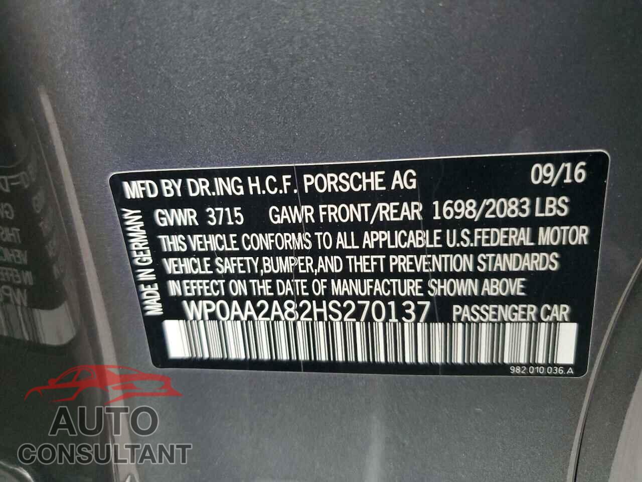 PORSCHE CAYMAN 2017 - WP0AA2A82HS270137