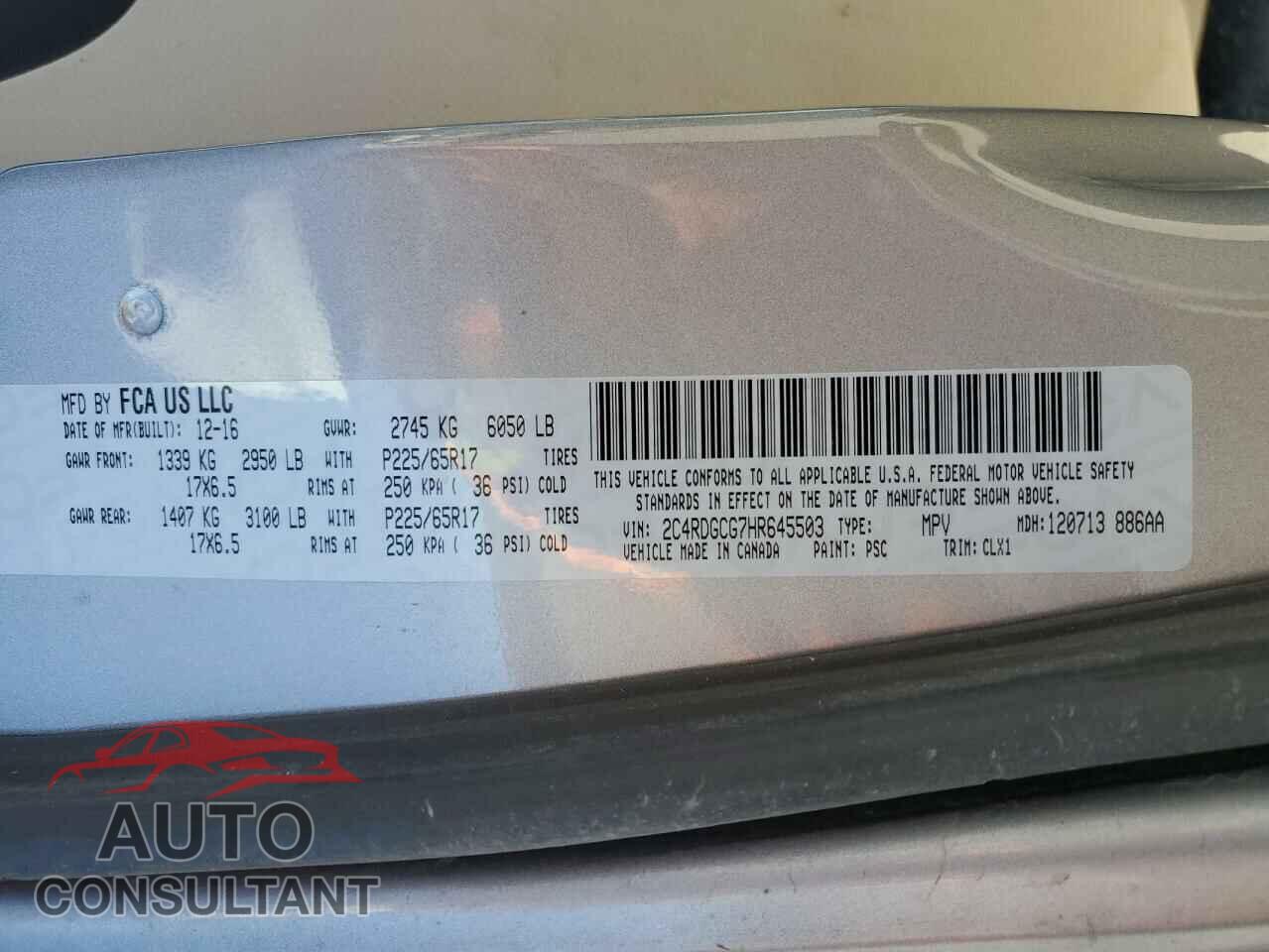 DODGE CARAVAN 2017 - 2C4RDGCG7HR645503