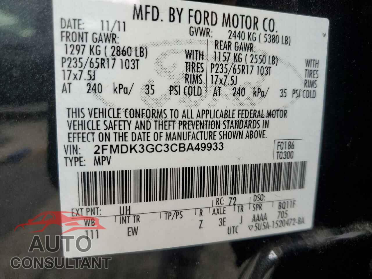 FORD EDGE 2012 - 2FMDK3GC3CBA49933