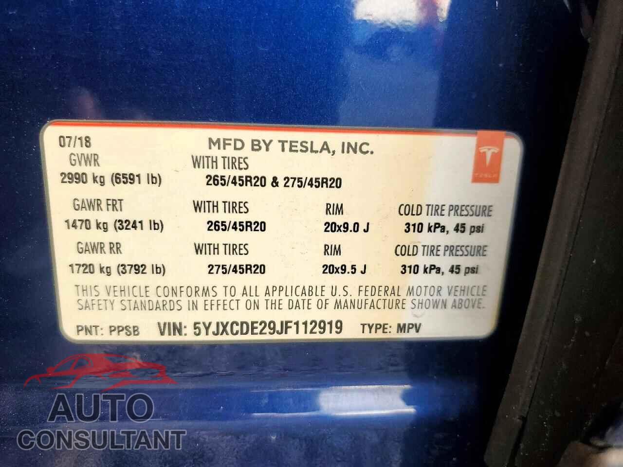 TESLA MODEL X 2018 - 5YJXCDE29JF112919