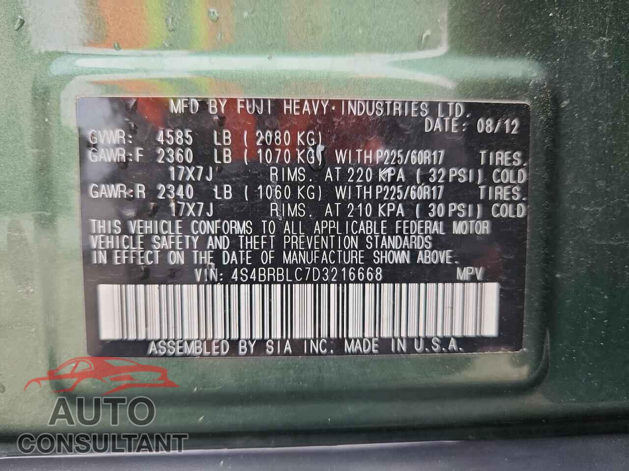SUBARU OUTBACK 2013 - 4S4BRBLC7D3216668