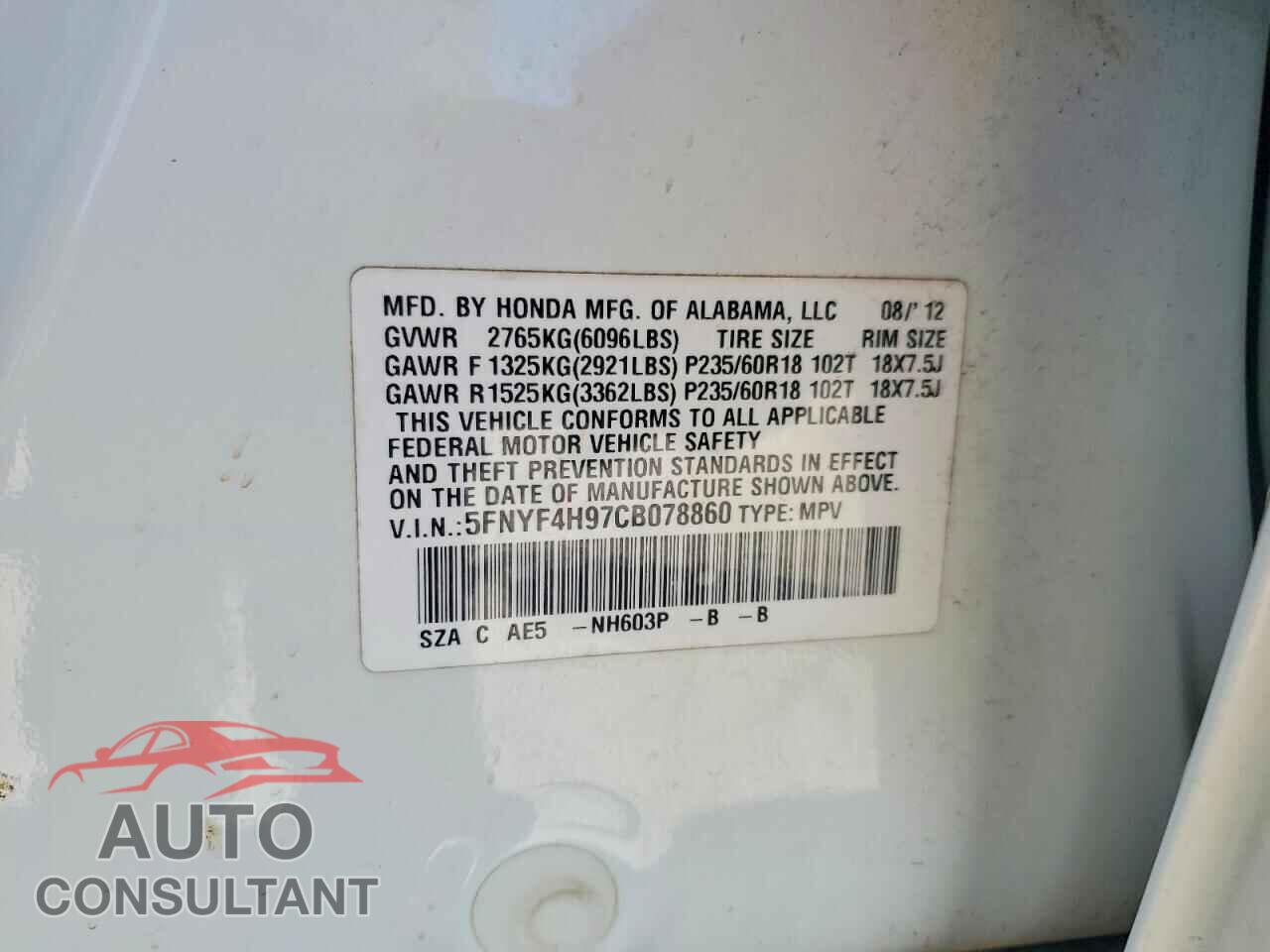 HONDA PILOT 2012 - 5FNYF4H97CB078860