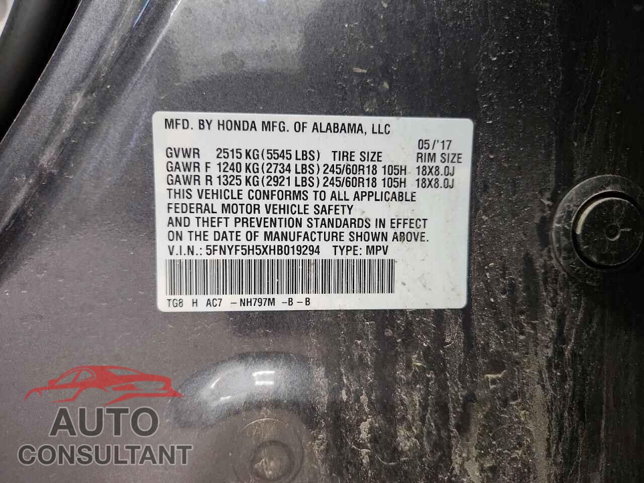 HONDA PILOT 2017 - 5FNYF5H5XHB019294