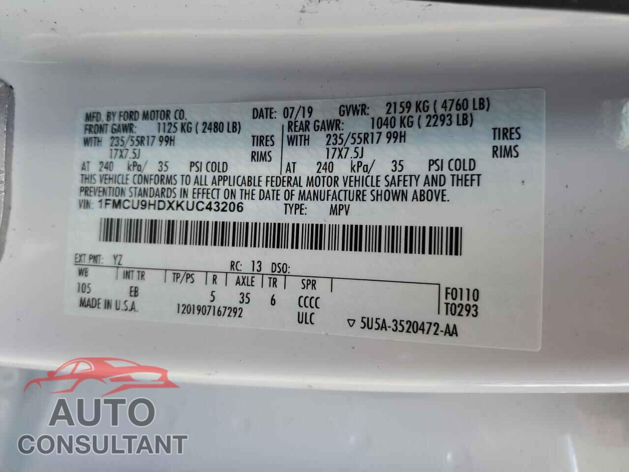 FORD ESCAPE 2019 - 1FMCU9HDXKUC43206