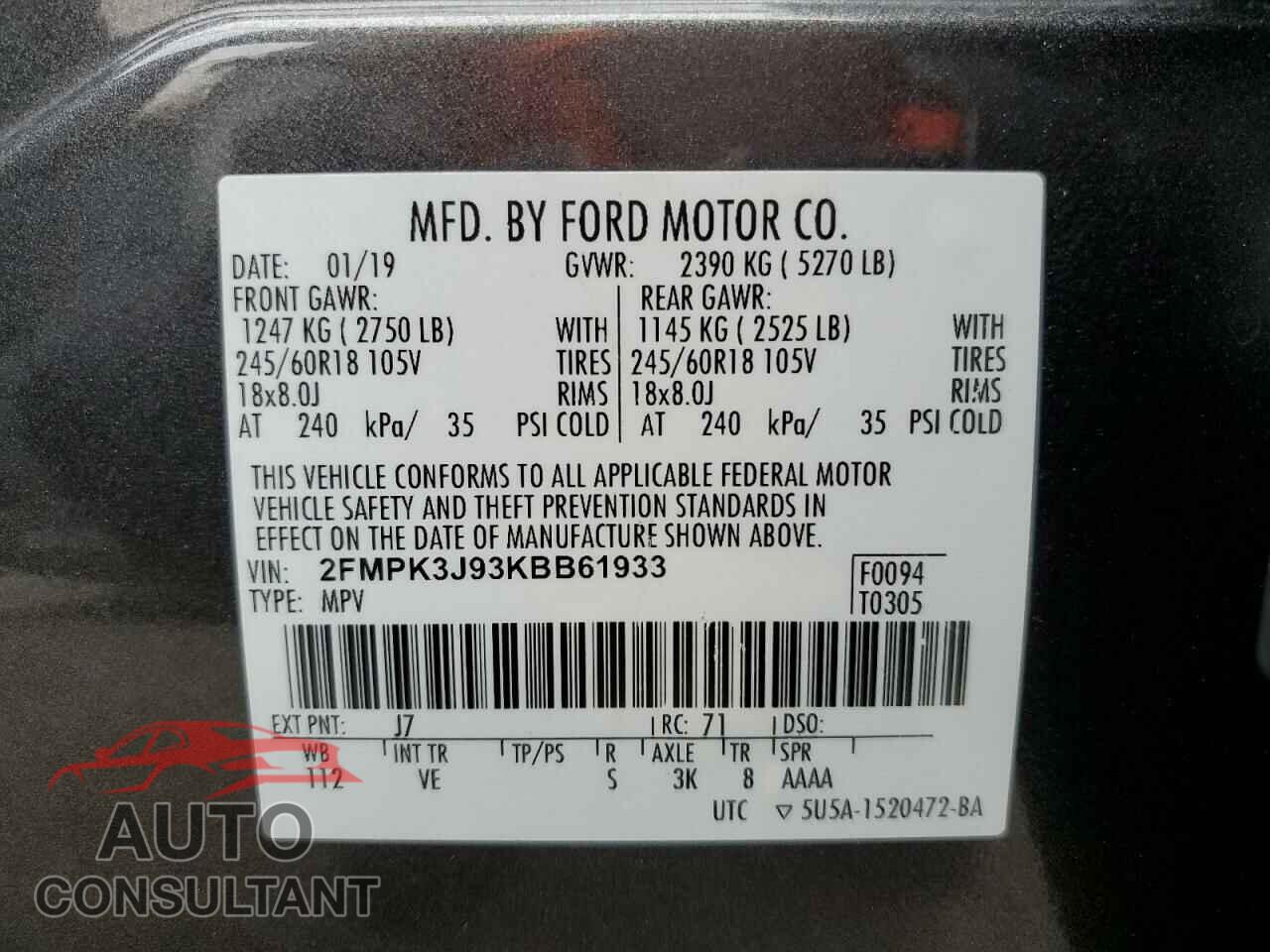 FORD EDGE 2019 - 2FMPK3J93KBB61933