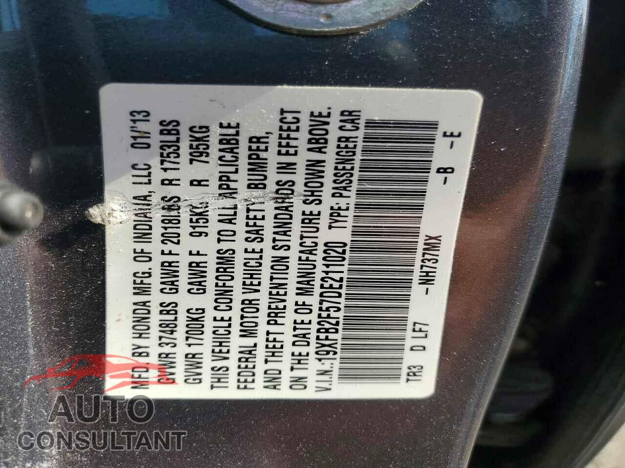 HONDA CIVIC 2013 - 19XFB2F57DE211020