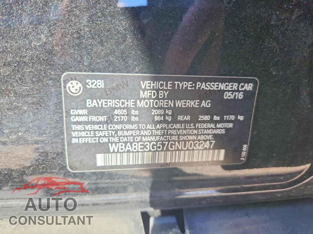 BMW 3 SERIES 2016 - WBA8E3G57GNU03247