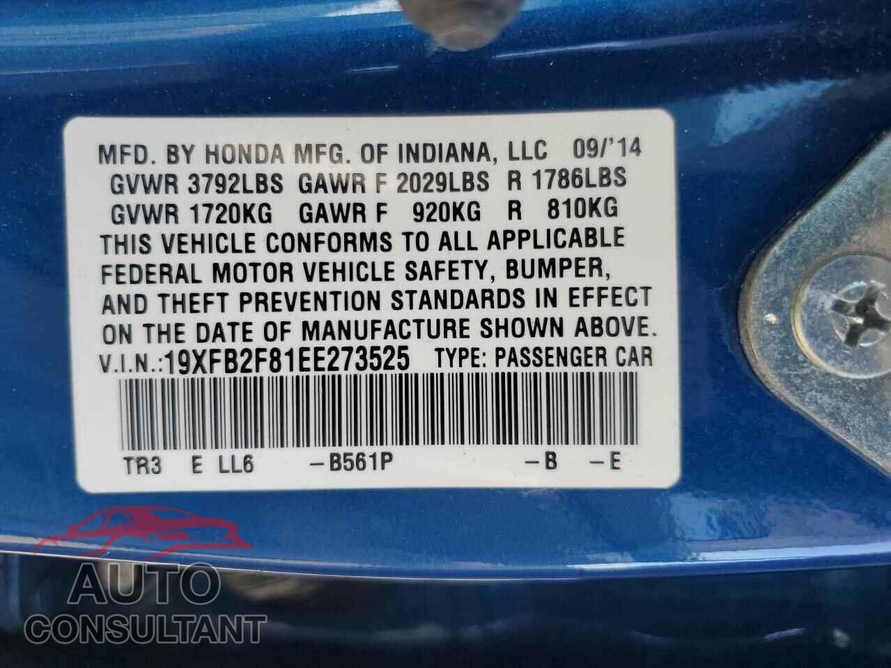 HONDA CIVIC 2014 - 19XFB2F81EE273525