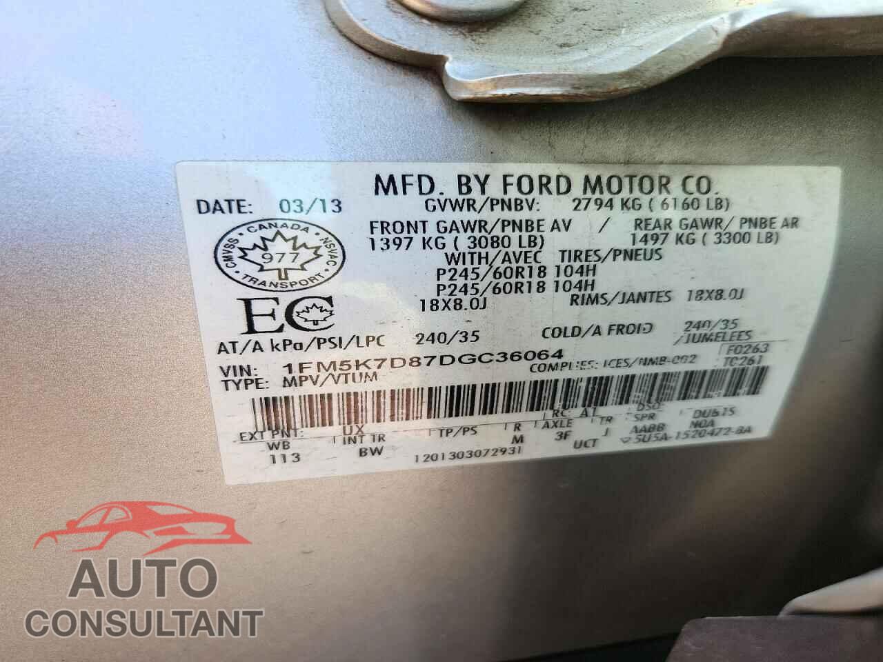 FORD EXPLORER 2013 - 1FM5K7D87DGC36064