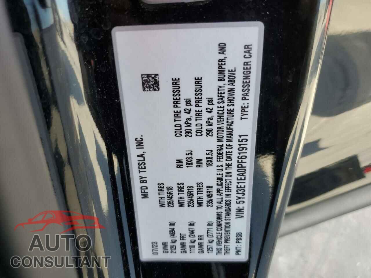 TESLA MODEL 3 2023 - 5YJ3E1EA0PF619151