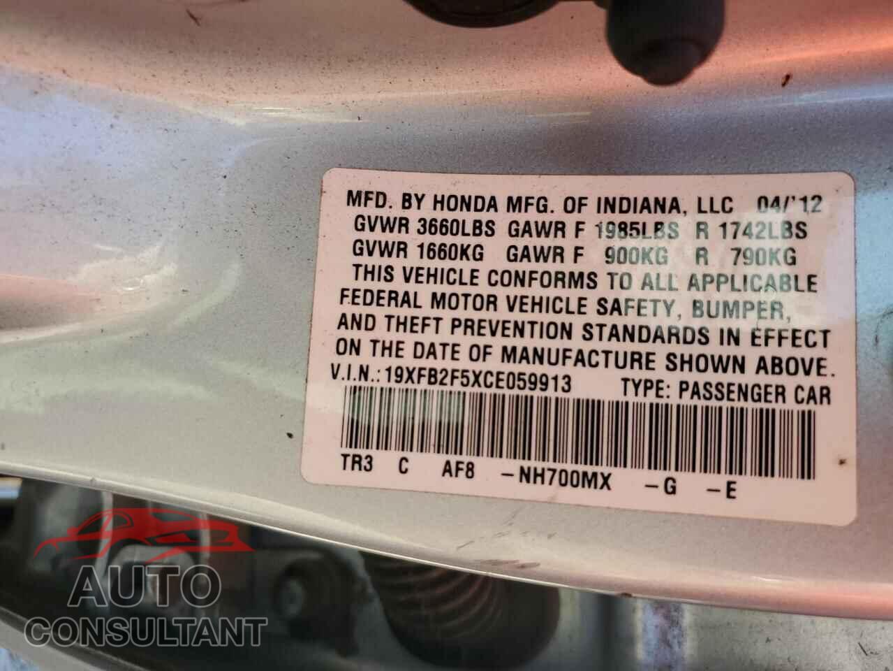 HONDA CIVIC 2012 - 19XFB2F5XCE059913