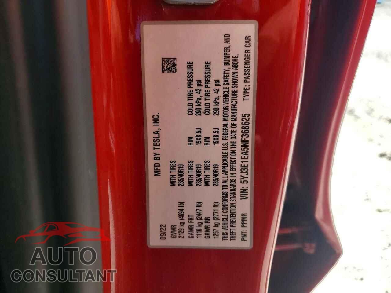 TESLA MODEL 3 2022 - 5YJ3E1EA5NF368625