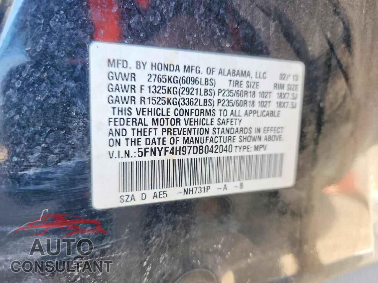 HONDA PILOT 2013 - 5FNYF4H97DB042040