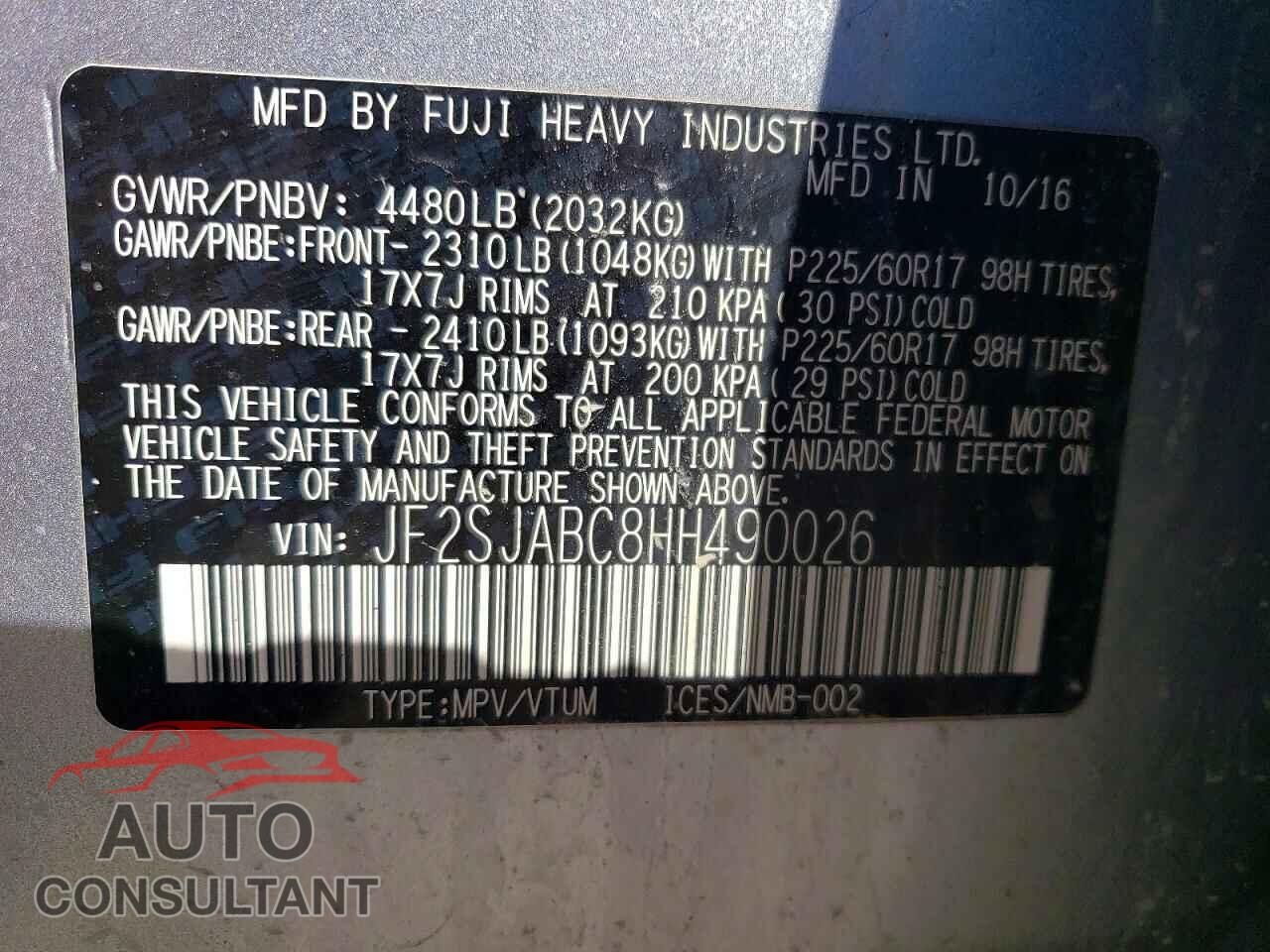 SUBARU FORESTER 2017 - JF2SJABC8HH490026
