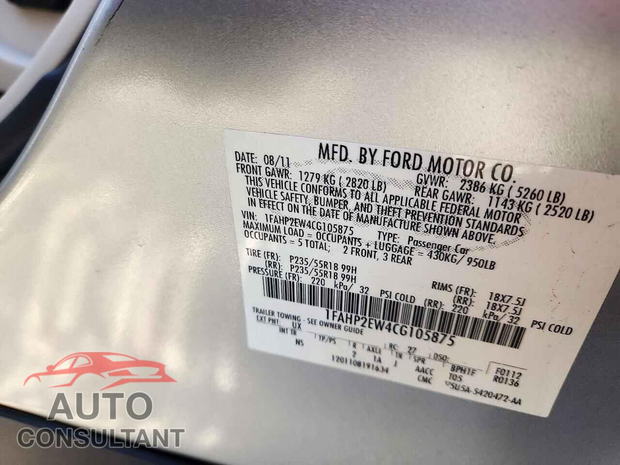 FORD TAURUS 2012 - 1FAHP2EW4CG105875
