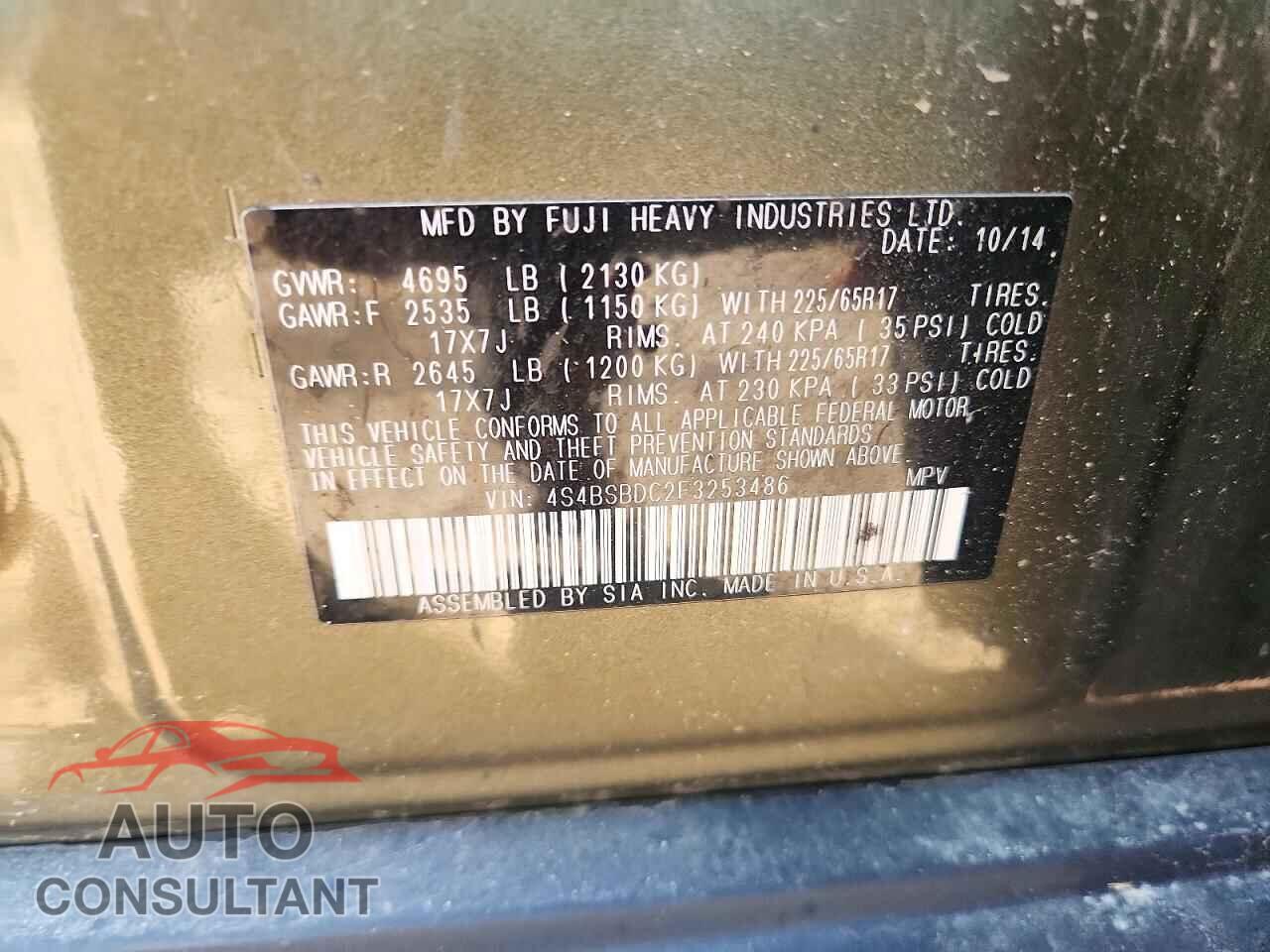 SUBARU OUTBACK 2015 - 4S4BSBDC2F3253486