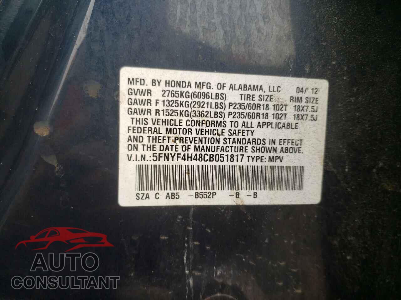 HONDA PILOT 2012 - 5FNYF4H48CB051817