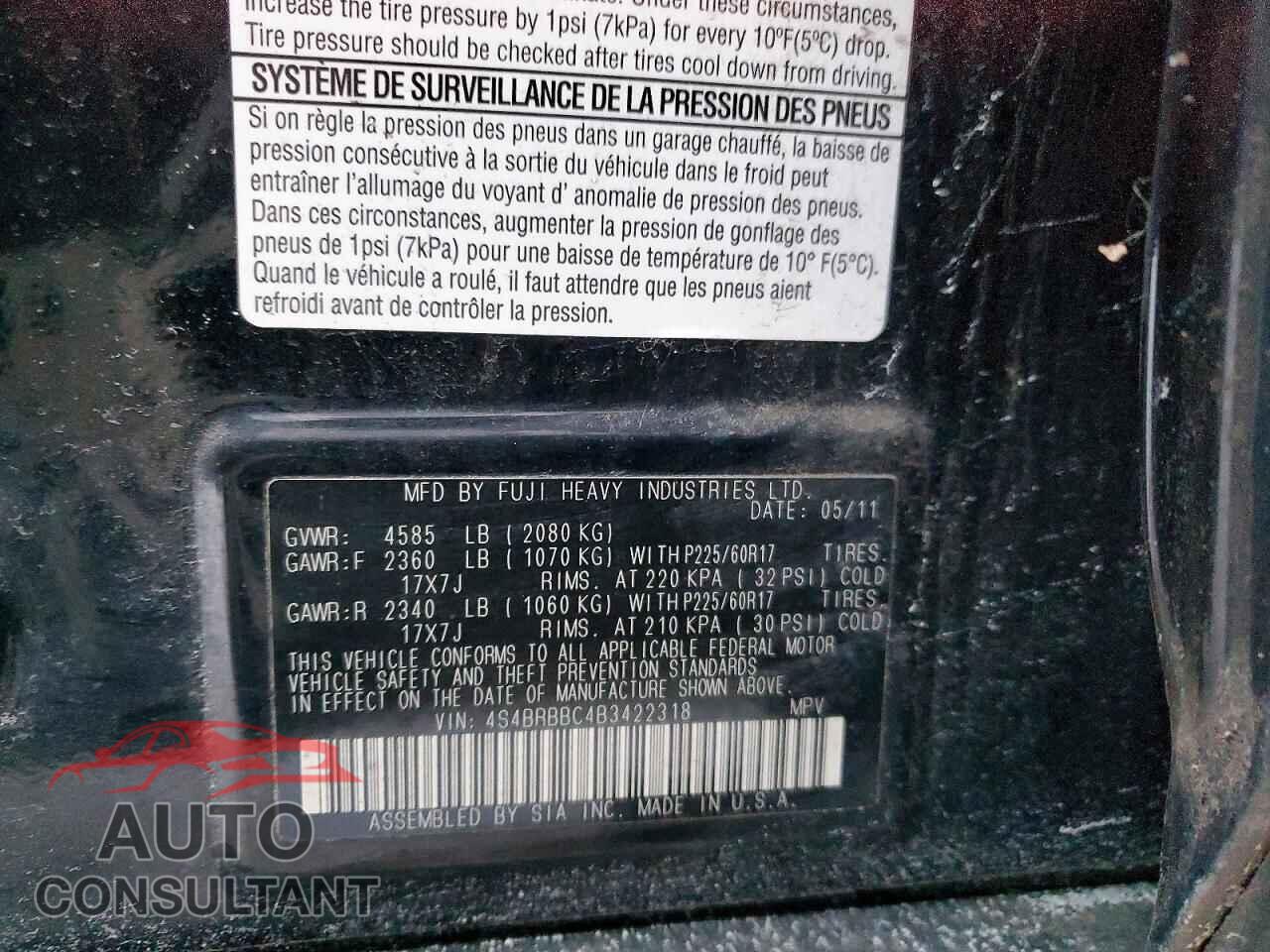 SUBARU OUTBACK 2011 - 4S4BRBBC4B3422318