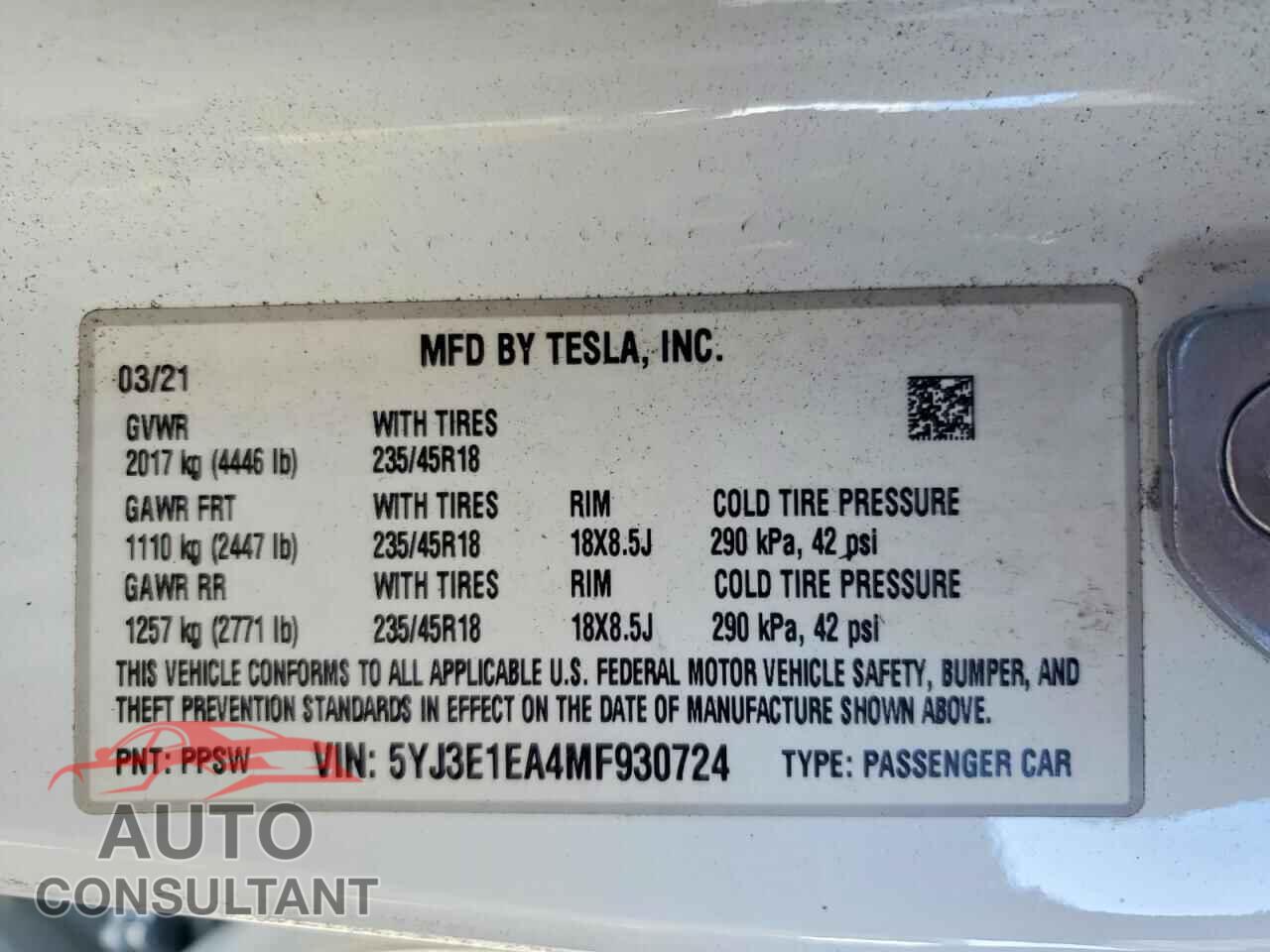 TESLA MODEL 3 2021 - 5YJ3E1EA4MF930724