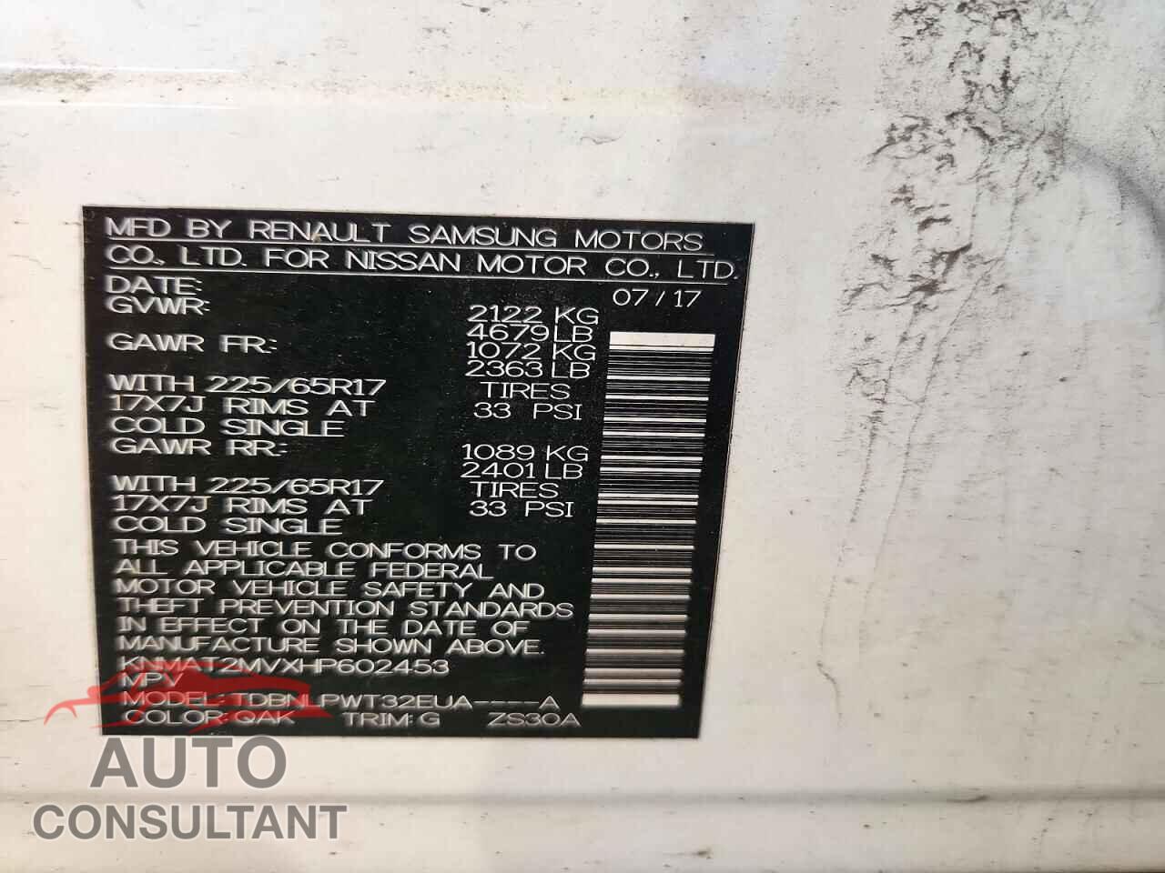 NISSAN ROGUE 2017 - KNMAT2MVXHP602453