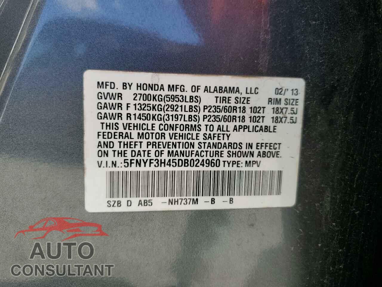 HONDA PILOT 2013 - 5FNYF3H45DB024960