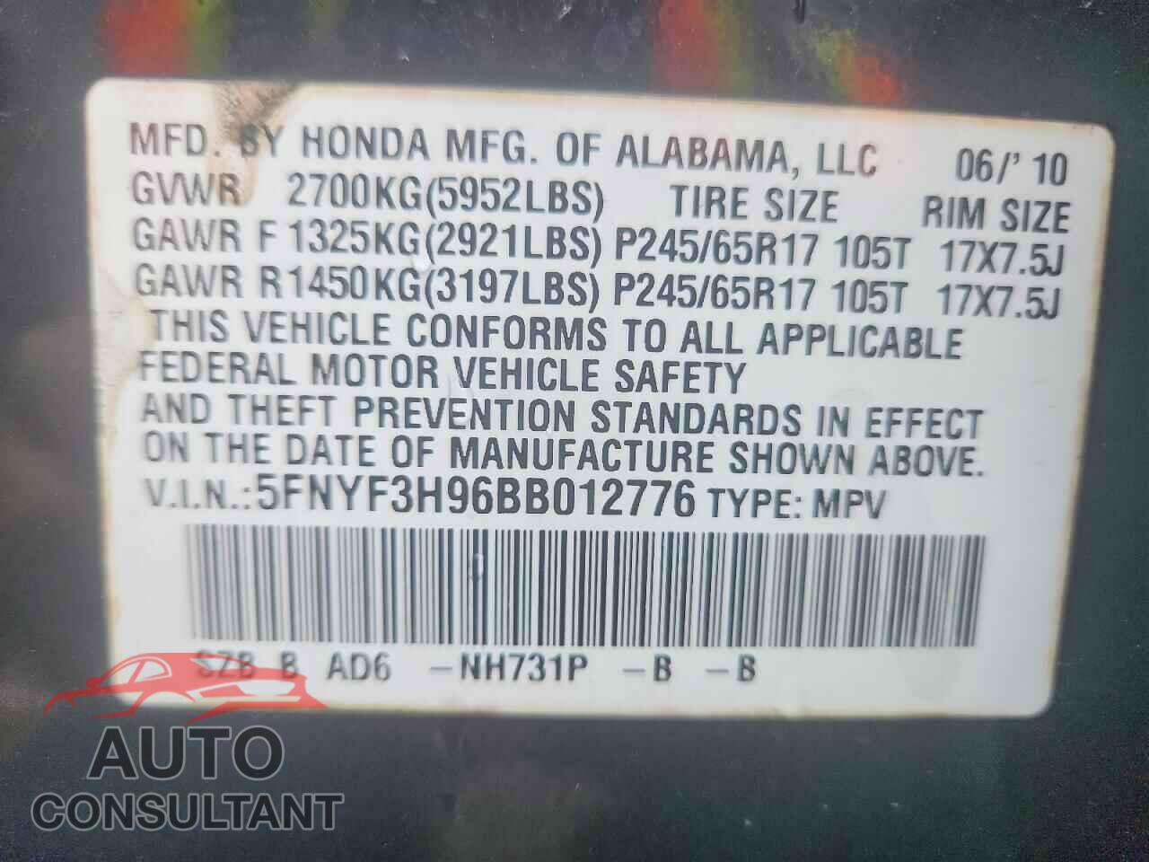 HONDA PILOT 2011 - 5FNYF3H96BB012776