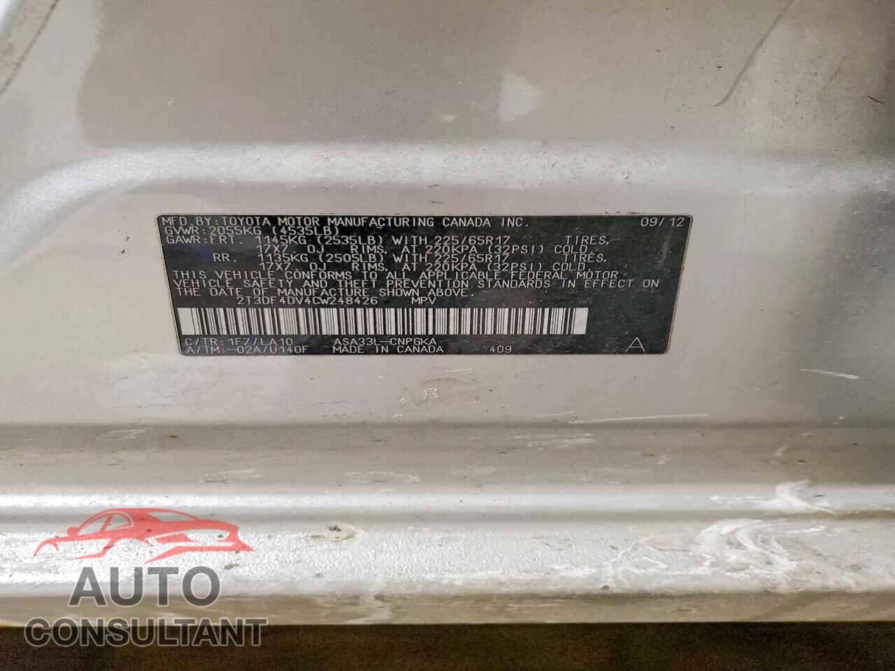 TOYOTA RAV4 2012 - 2T3DF4DV4CW248426