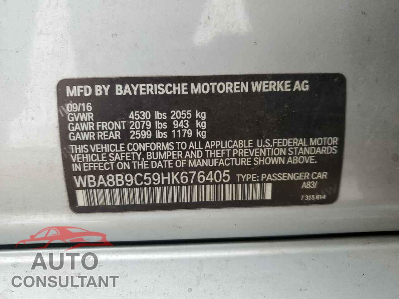 BMW 3 SERIES 2017 - WBA8B9C59HK676405
