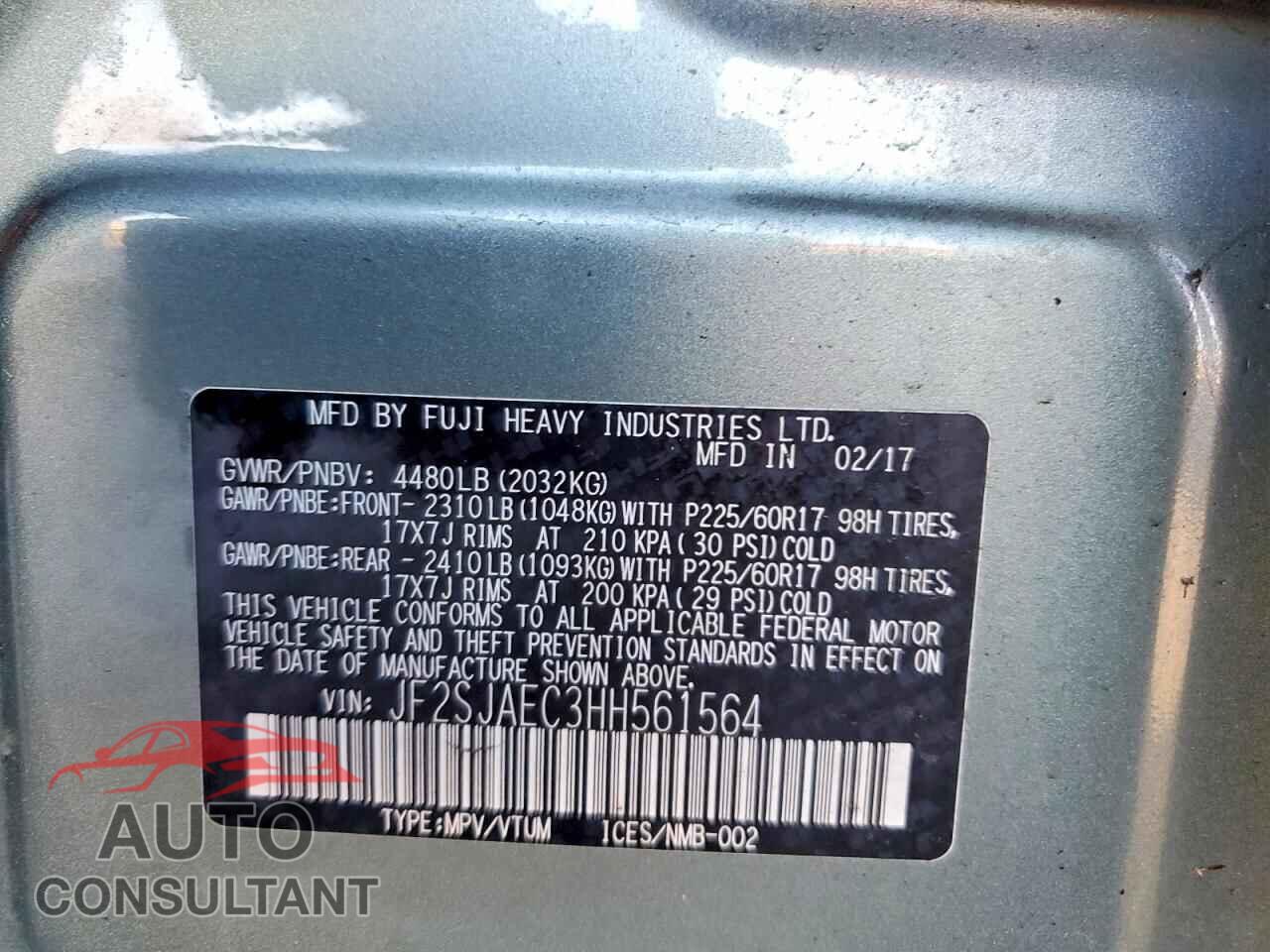 SUBARU FORESTER 2017 - JF2SJAEC3HH561564