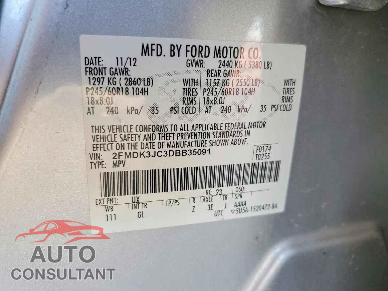 FORD EDGE 2013 - 2FMDK3JC3DBB35091