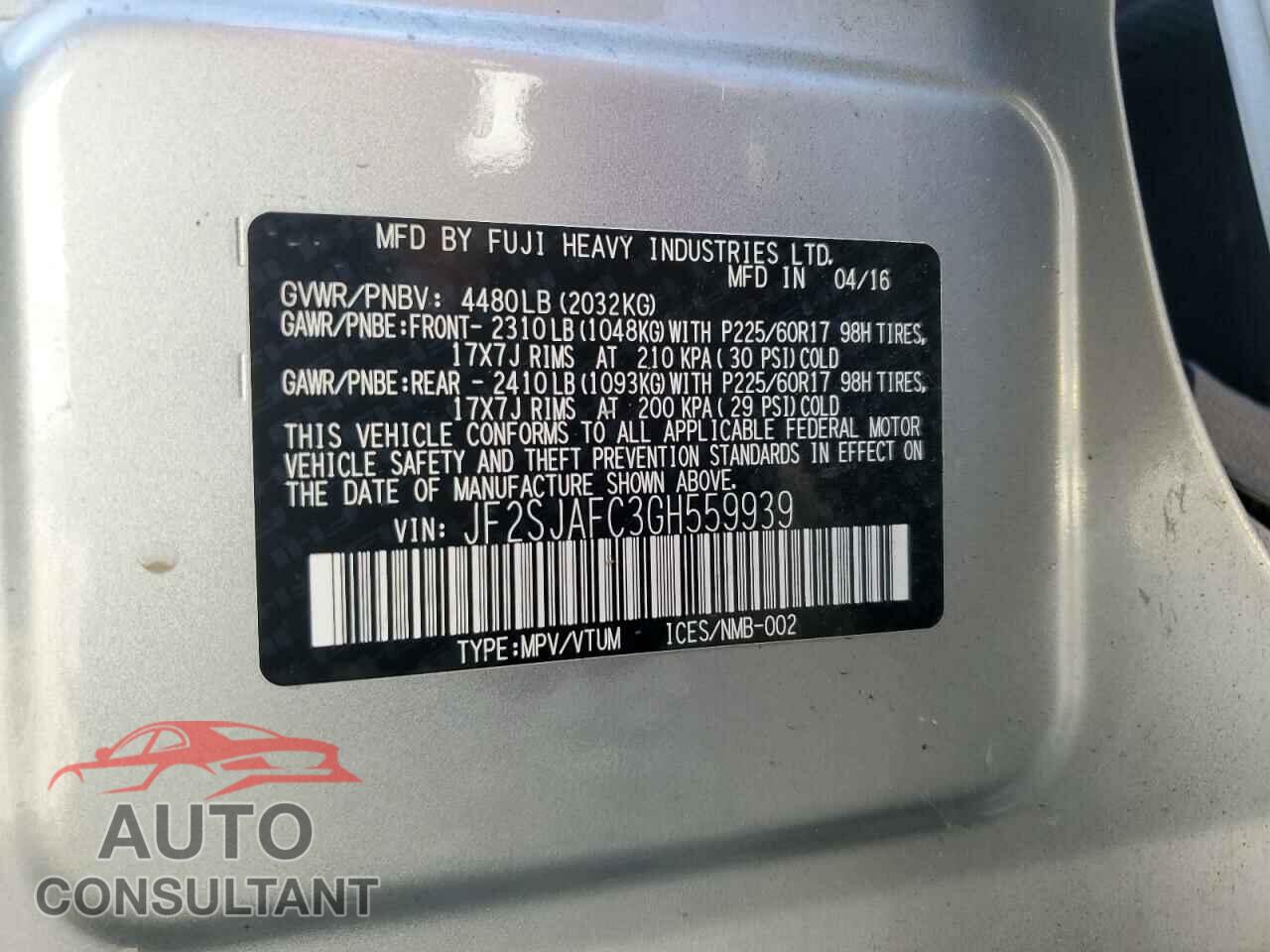 SUBARU FORESTER 2016 - JF2SJAFC3GH559939