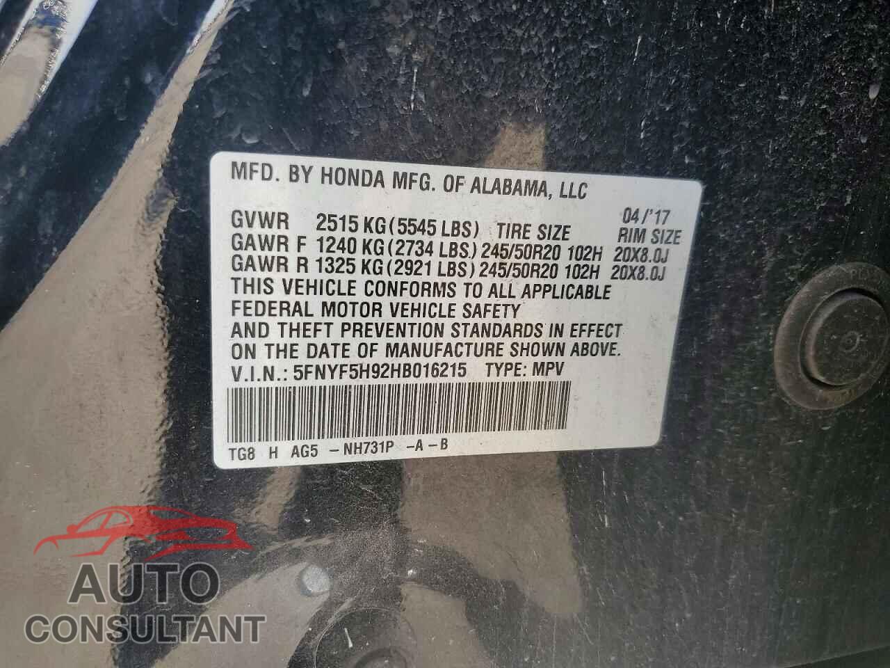 HONDA PILOT 2017 - 5FNYF5H92HB016215