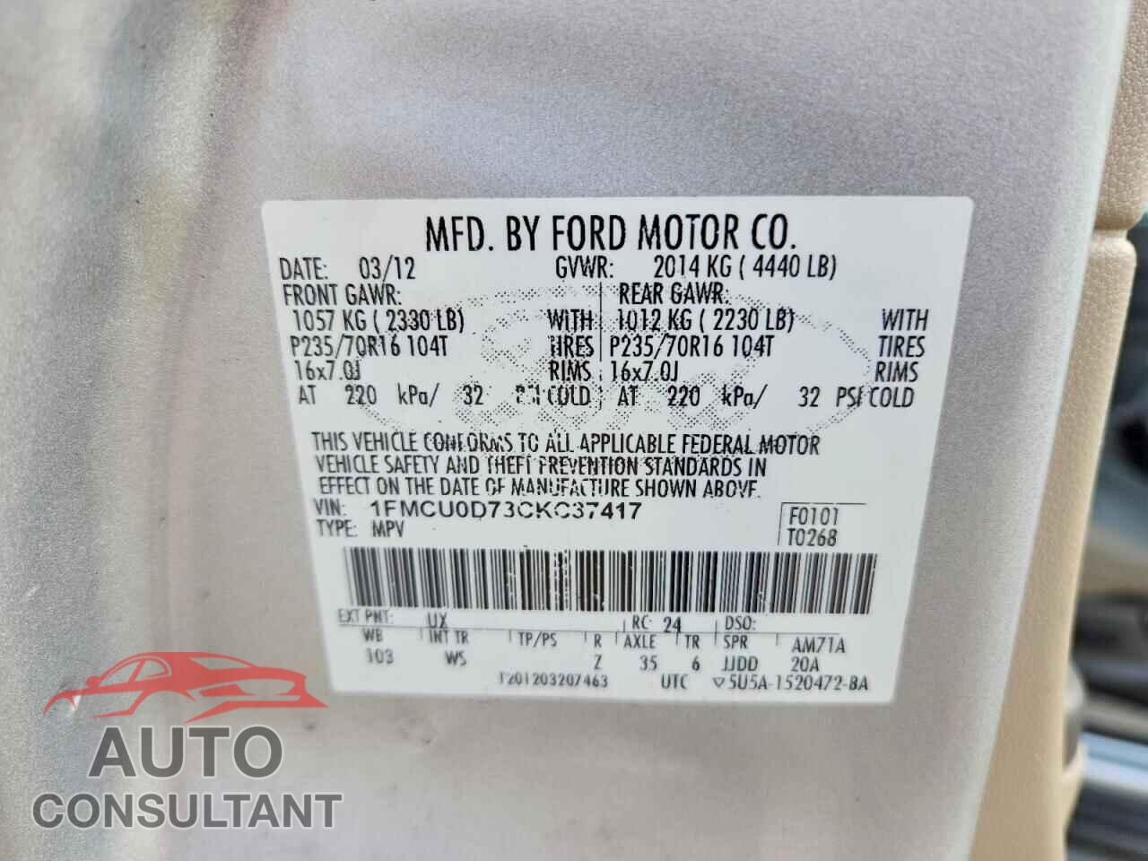 FORD ESCAPE 2012 - 1FMCU0D73CKC37417