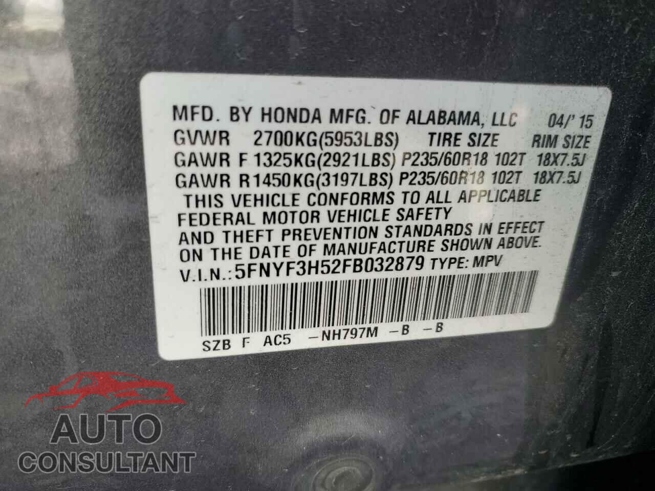 HONDA PILOT 2015 - 5FNYF3H52FB032879