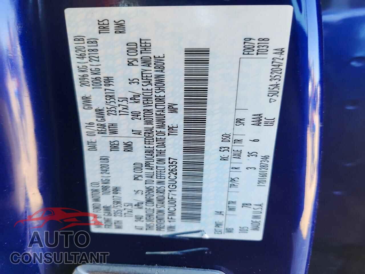 FORD ESCAPE 2016 - 1FMCU0F71GUC26357