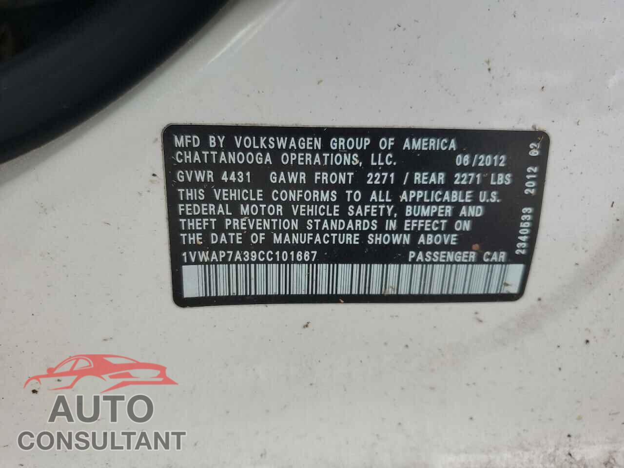 VOLKSWAGEN PASSAT 2012 - 1VWAP7A39CC101667