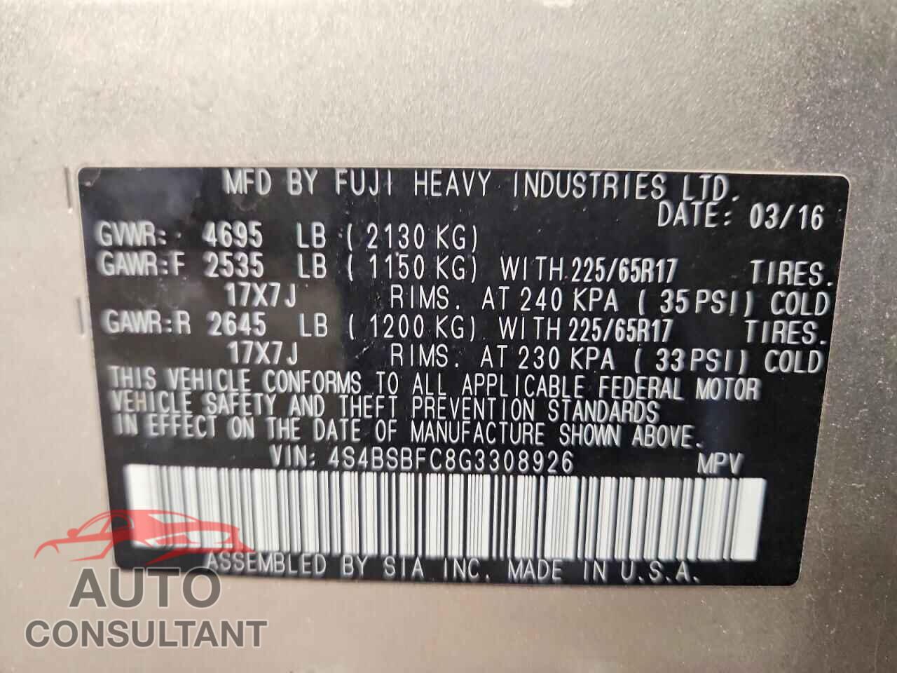 SUBARU OUTBACK 2016 - 4S4BSBFC8G3308926