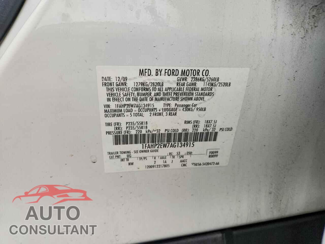 FORD TAURUS 2010 - 1FAHP2EW7AG134915