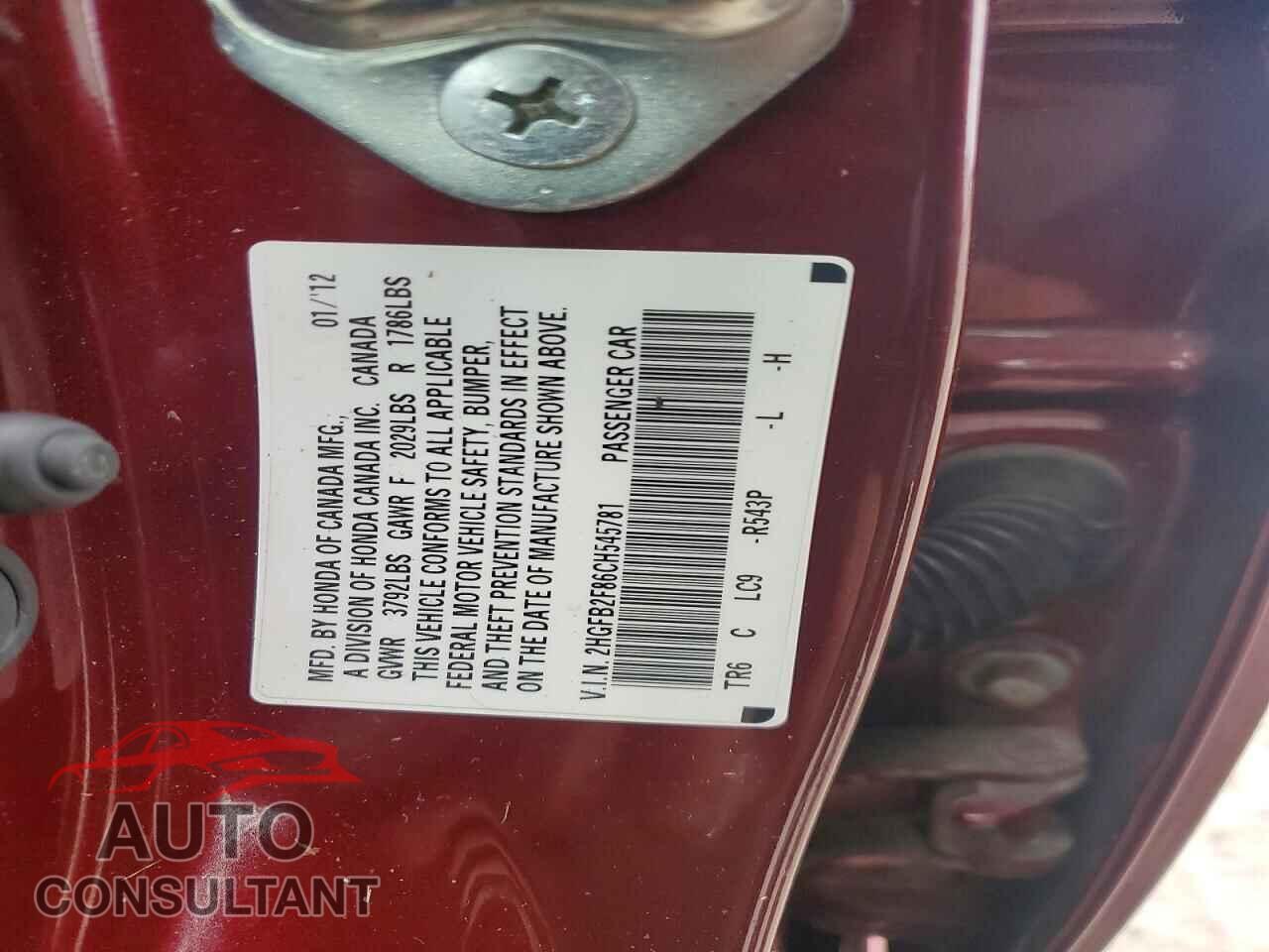 HONDA CIVIC 2012 - 2HGFB2F86CH545781