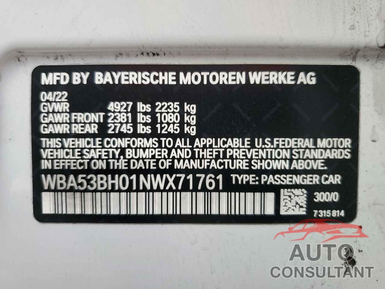BMW 5 SERIES 2022 - WBA53BH01NWX71761