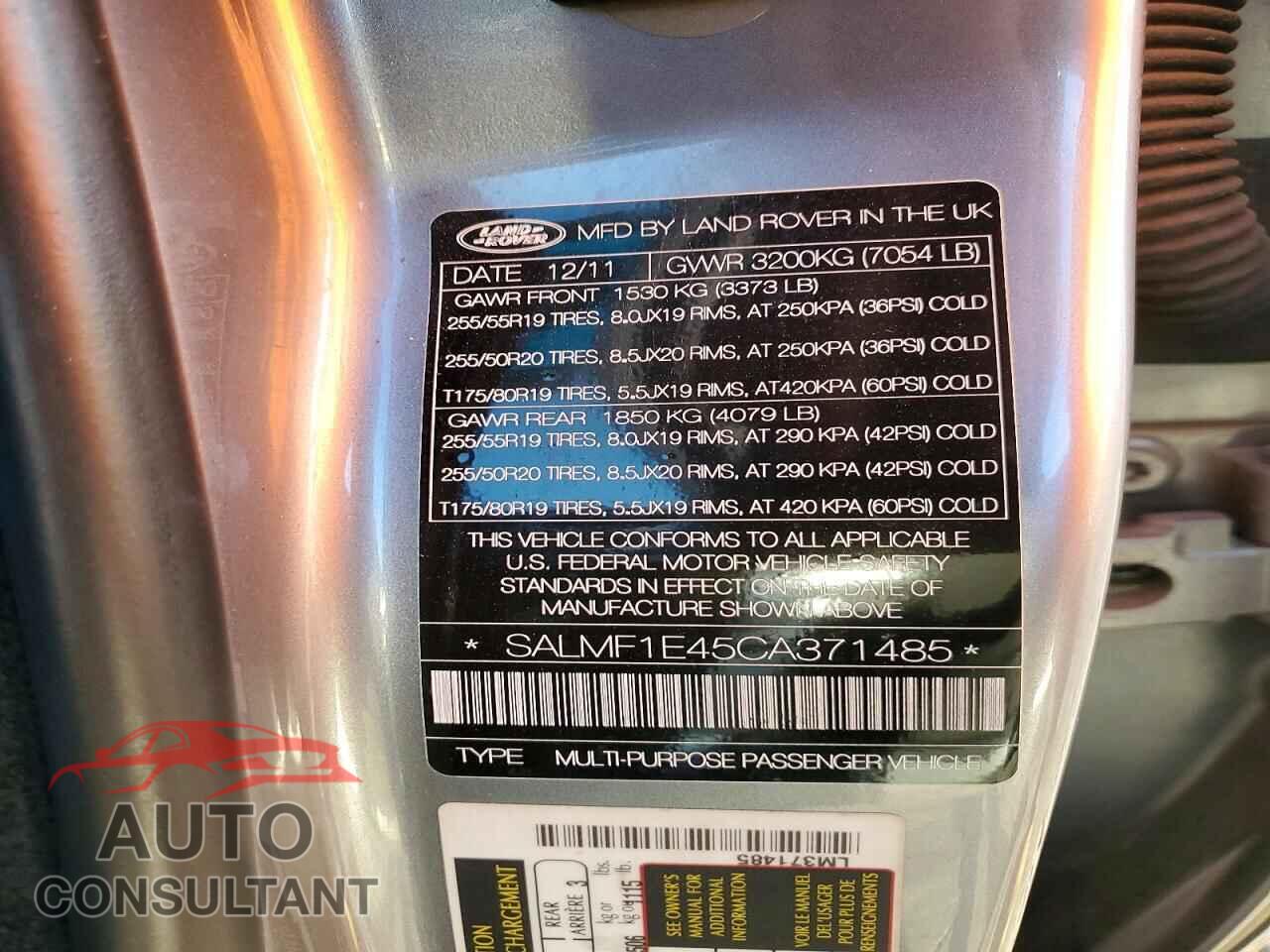 LAND ROVER RANGE ROVER 2012 - SALMF1E45CA371485
