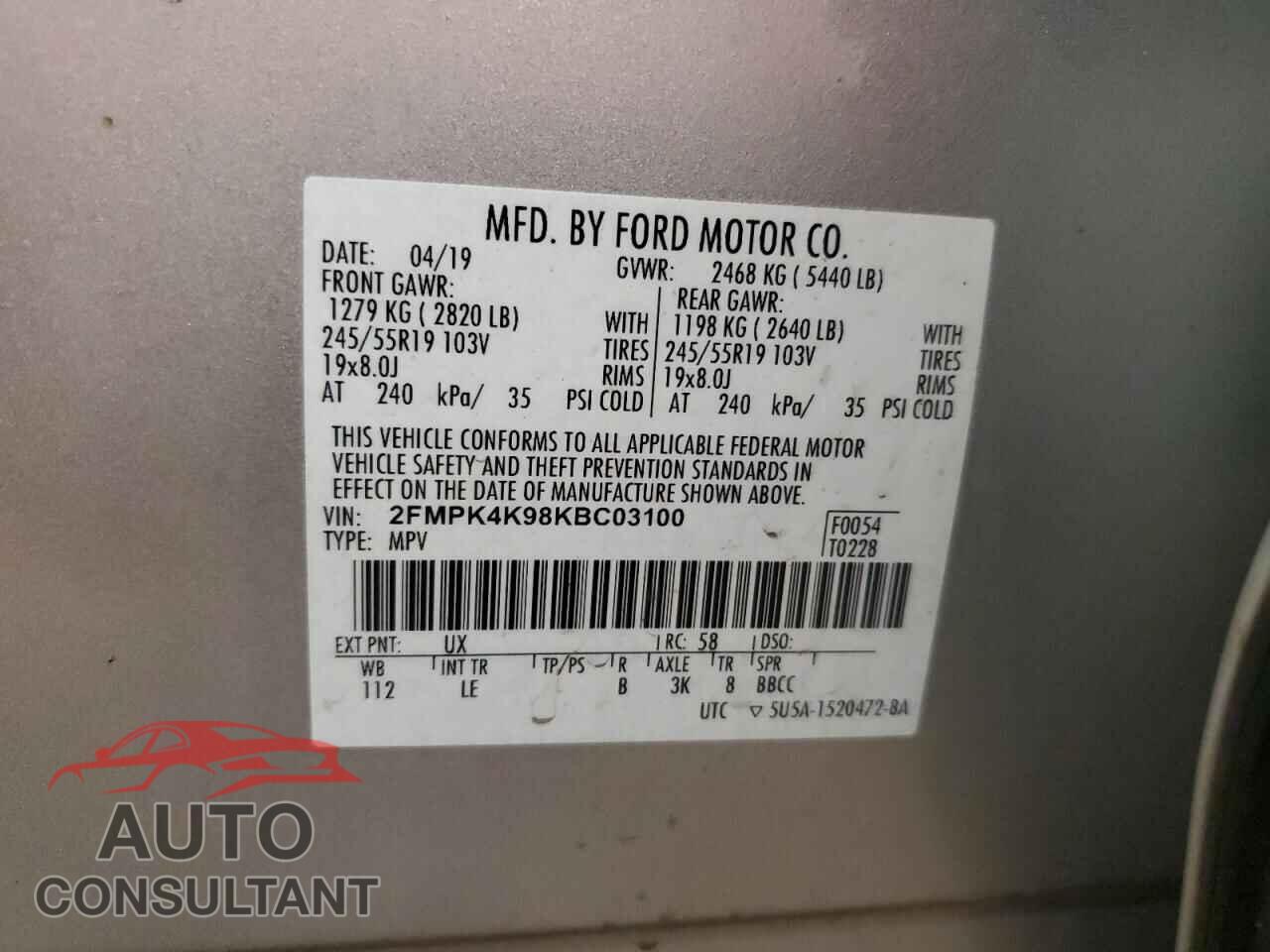 FORD EDGE 2019 - 2FMPK4K98KBC03100