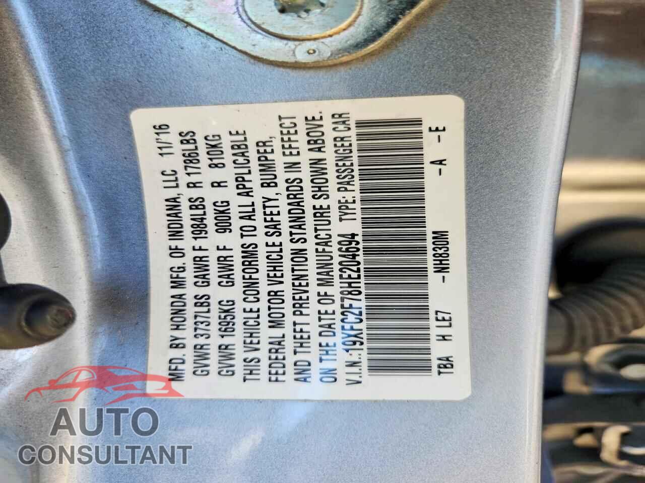 HONDA CIVIC 2017 - 19XFC2F78HE204694