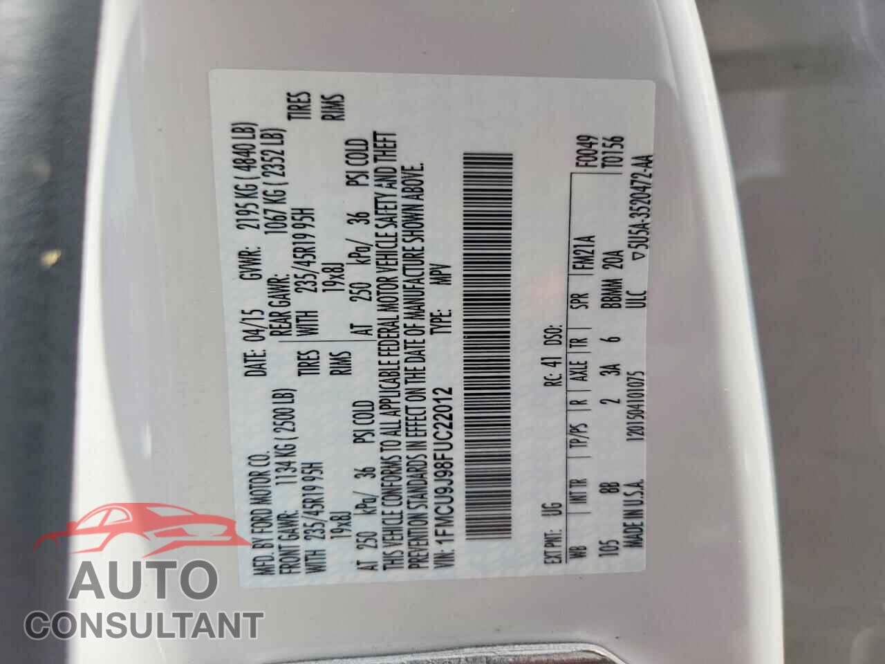 FORD ESCAPE 2015 - 1FMCU9J98FUC22012