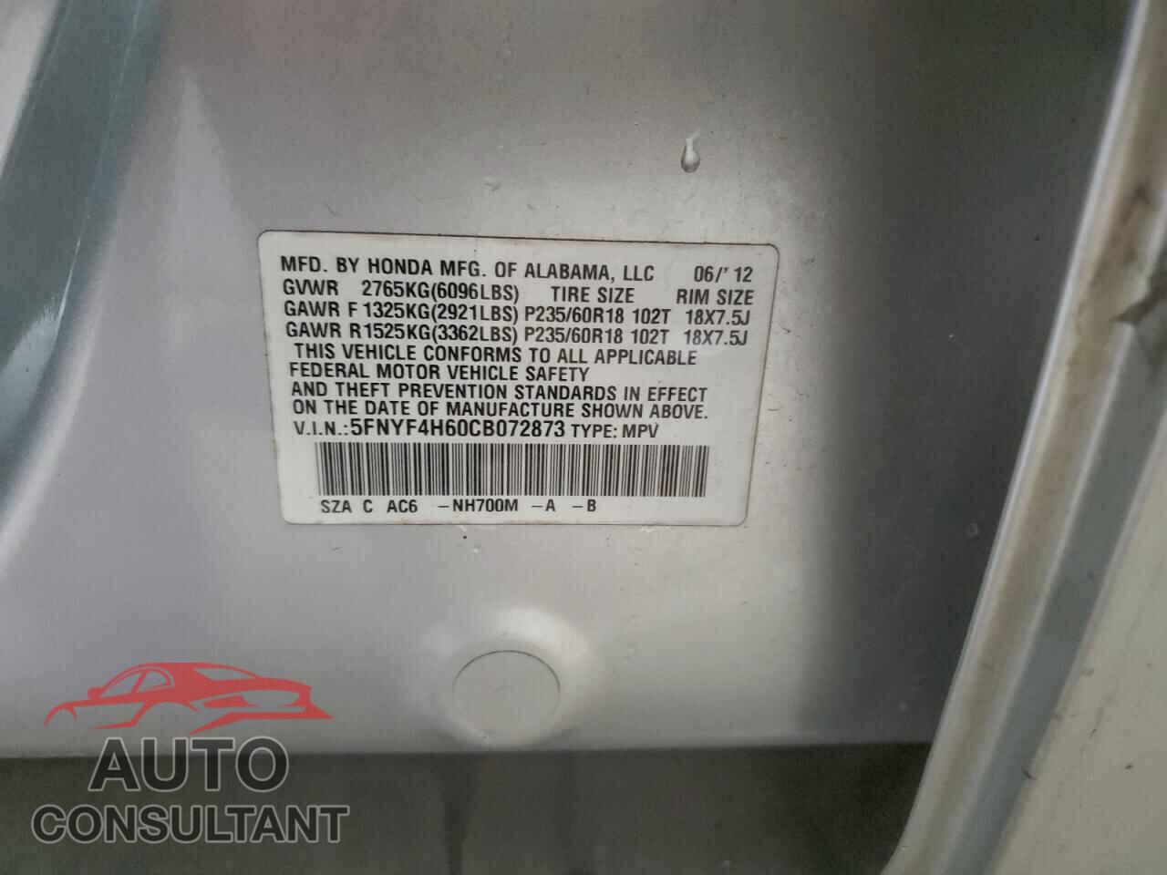 HONDA PILOT 2012 - 5FNYF4H60CB072873