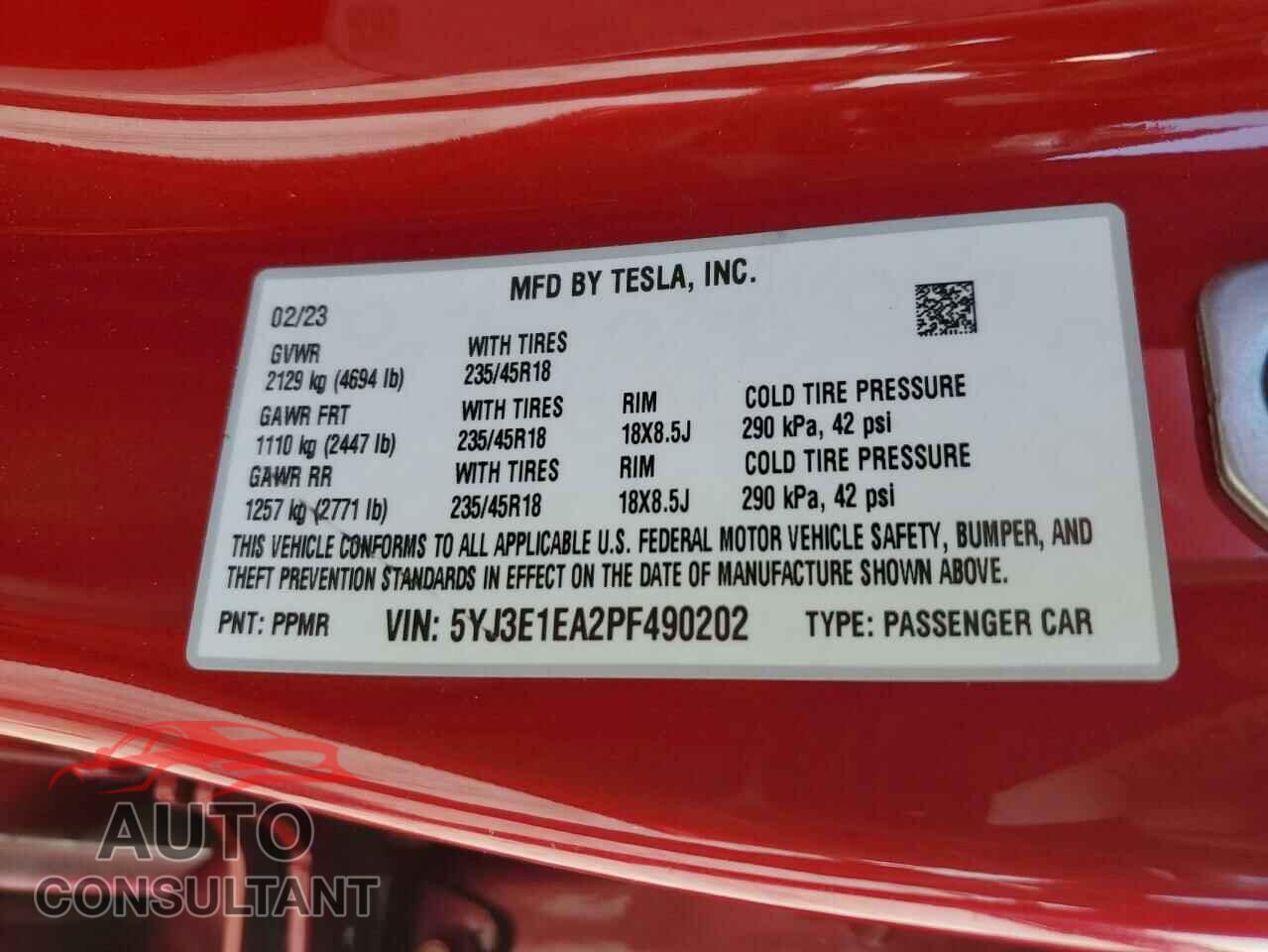 TESLA MODEL 3 2023 - 5YJ3E1EA2PF490202